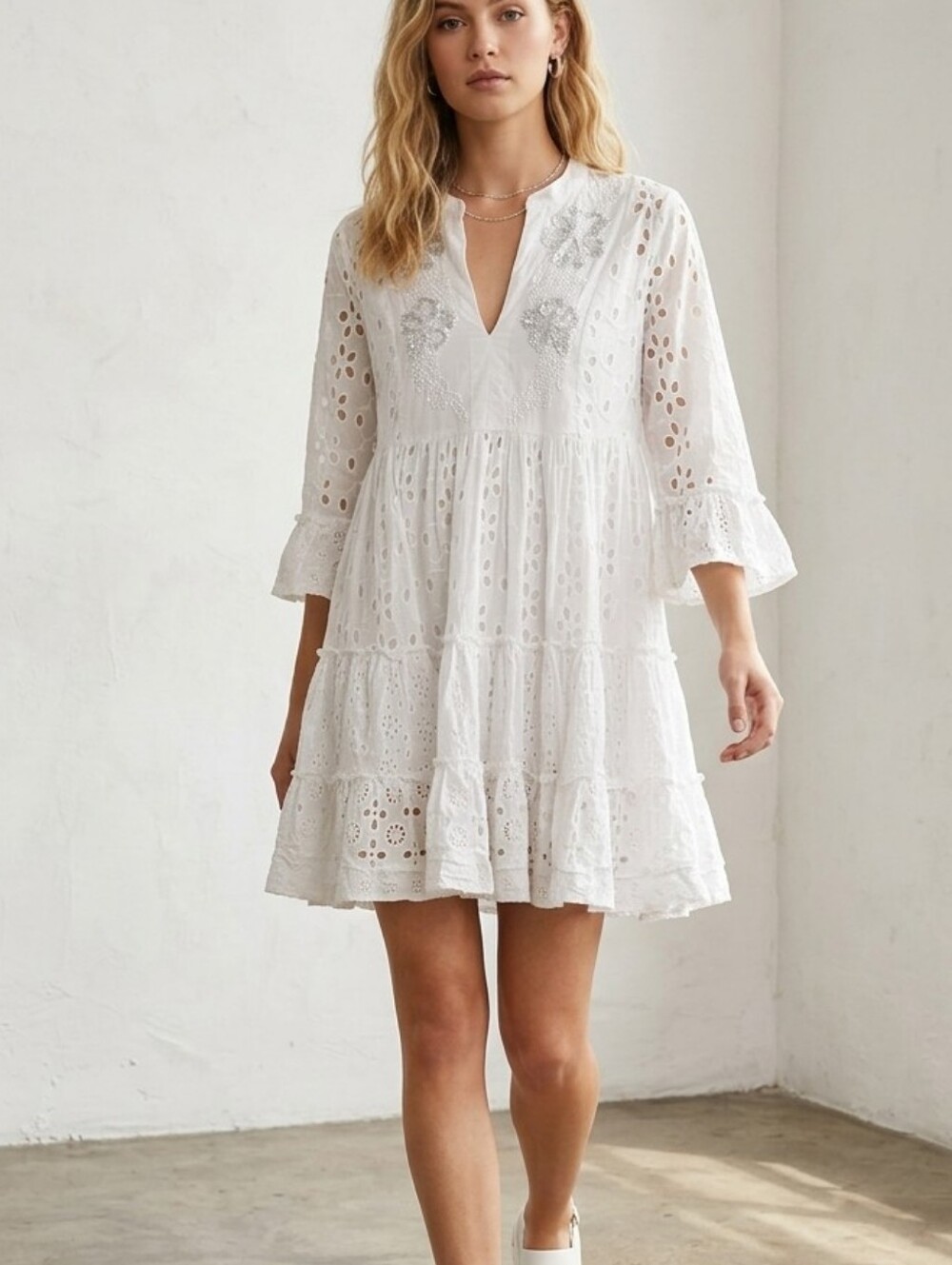 Eyelet Cotton Midi Dress in White